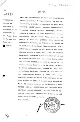 Repertorio Nº 1.817: Disolución Centro de Análisis y Difusión de la Condición de la Mujer Casa La Morada S.A.