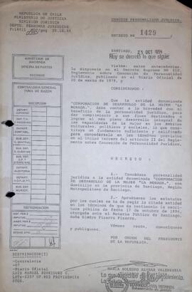 Decreto Nº 1.429: Concede personalidad jurídica a la entidad denominada "Corporación de Desarrollo de la Mujer 'La Morada'"