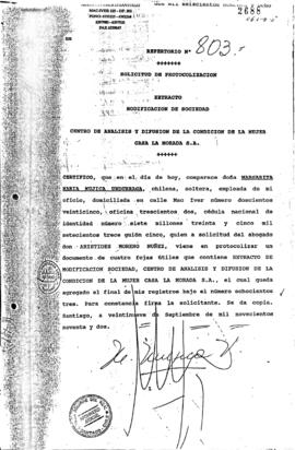 Repertorio Nº 803: Modificación de Sociedad Centro de Análisis y Difusión de la Condición de la Mujer Casa La Morada S.A.